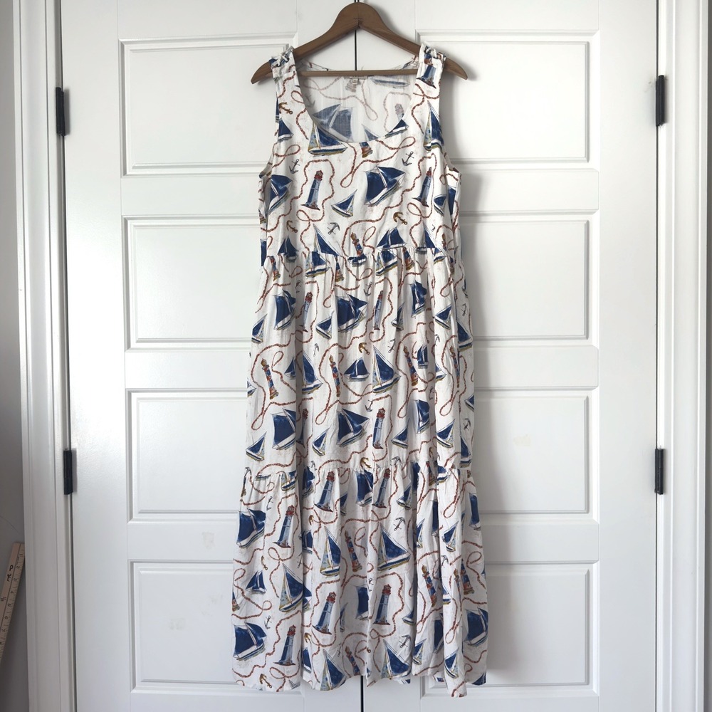 Kate Sam Nautical Tiered Midi Dress M Sailboats Lighthouse Beach Coastal Pockets